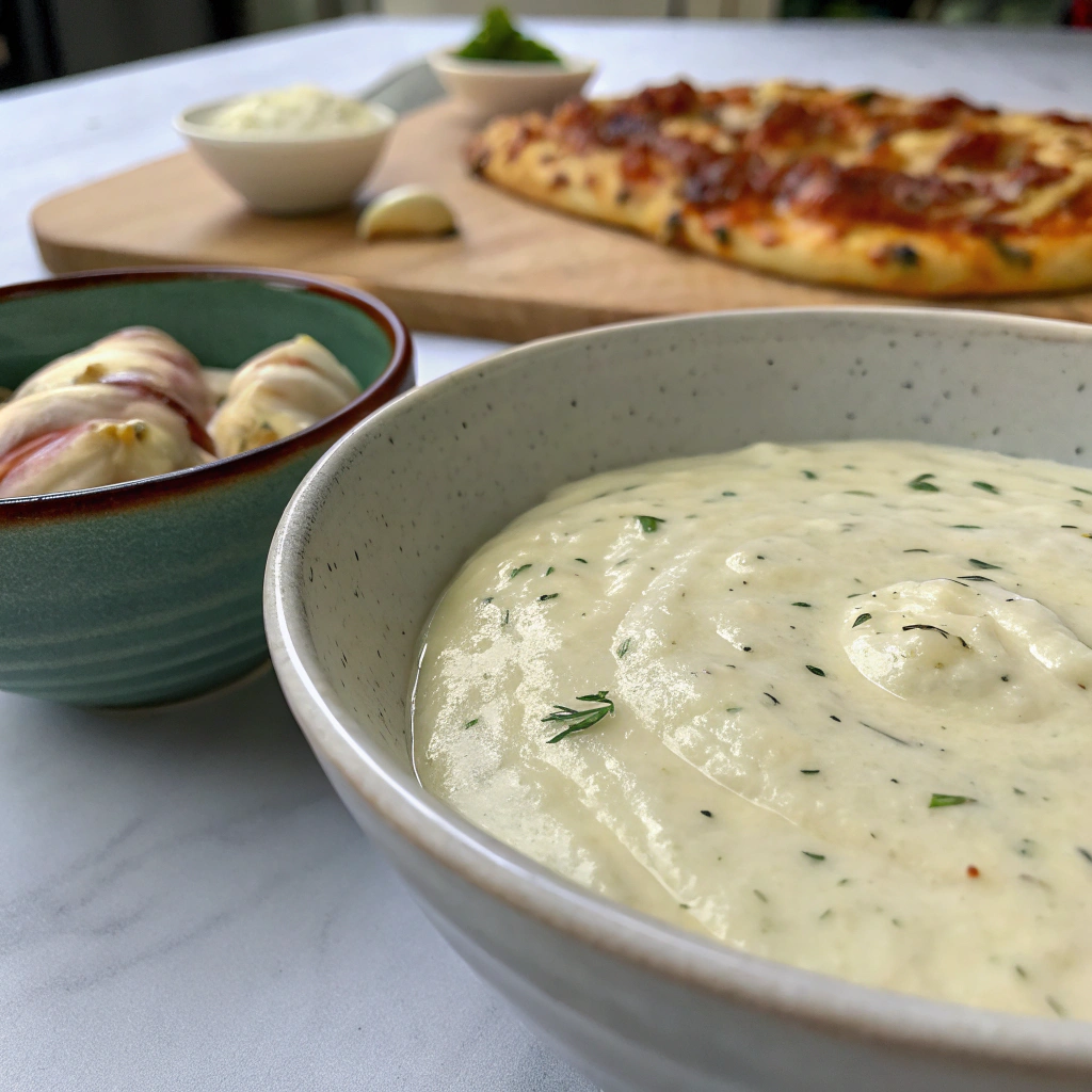 Creamy garlic white pizza sauce in a bowl with a spoon, surrounded by fresh garlic cloves, herbs, and a sprinkle of parmesan cheese